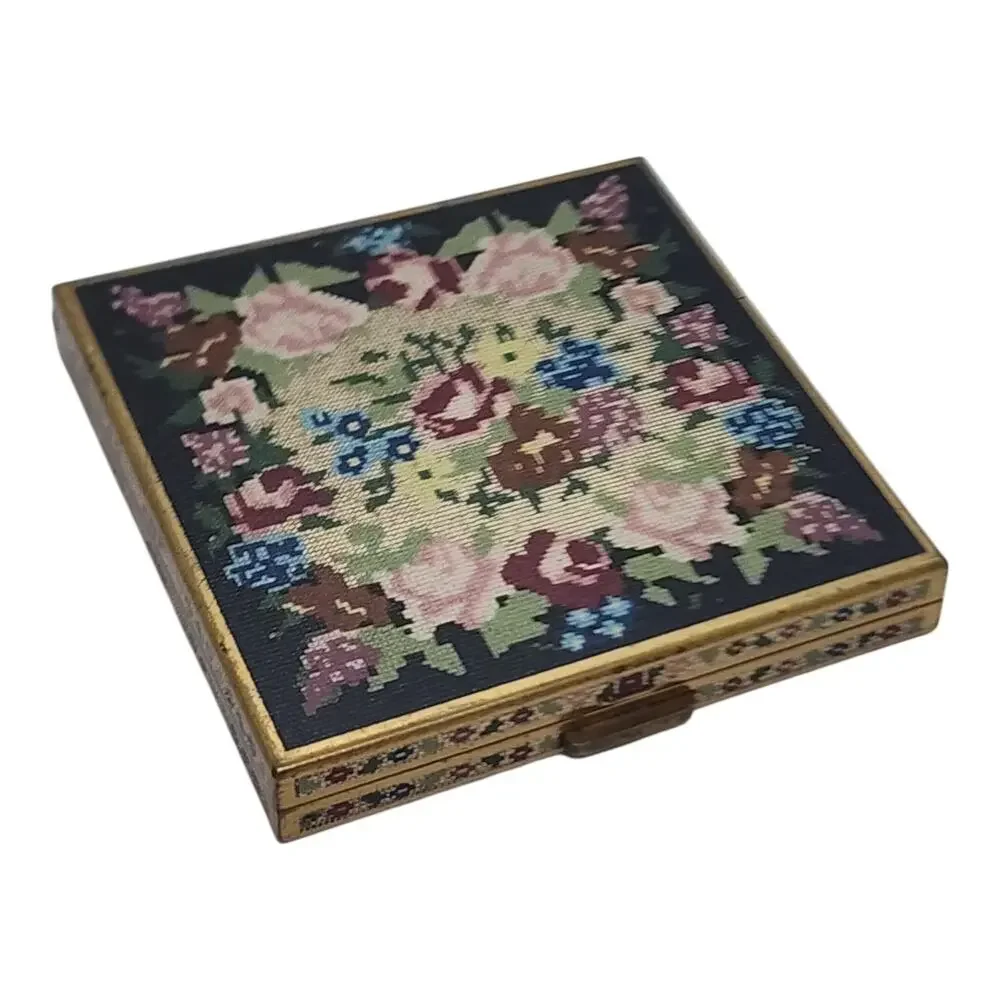 Vintage Volupte Leakproof Compact Needlepoint Look Floral Mirror Gold Tone USA